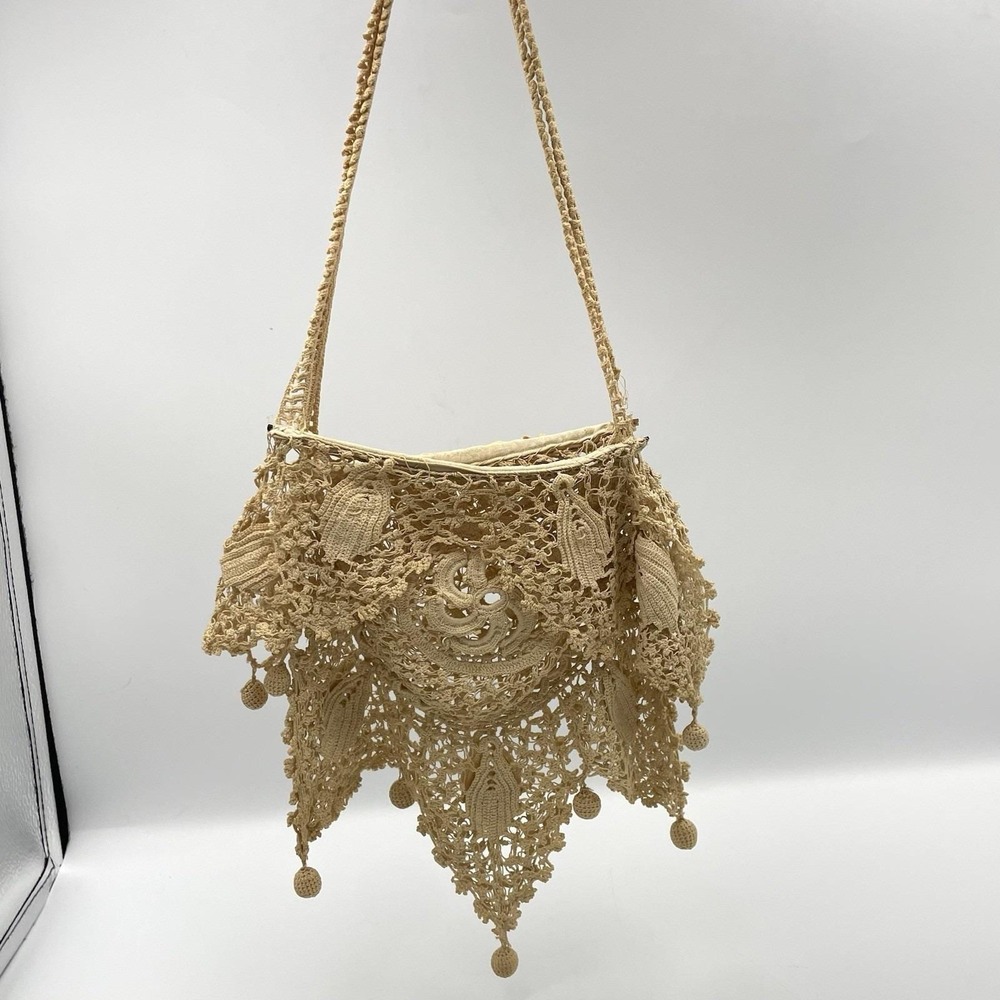Antique‎ Early 1900s Handmade Irish Crochet Lace Handbag Purse Floral Motif
